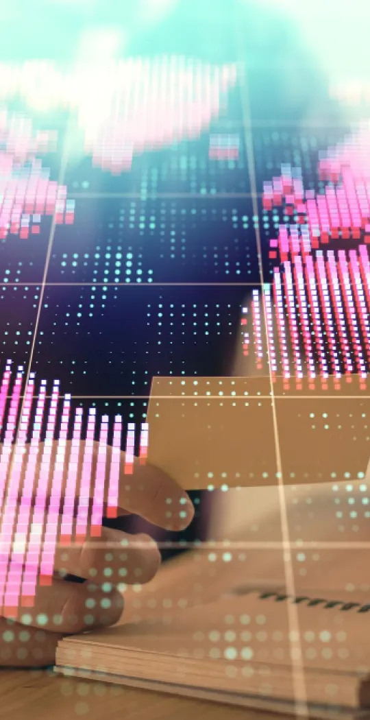 world map collage with a person behind with a business card in hand